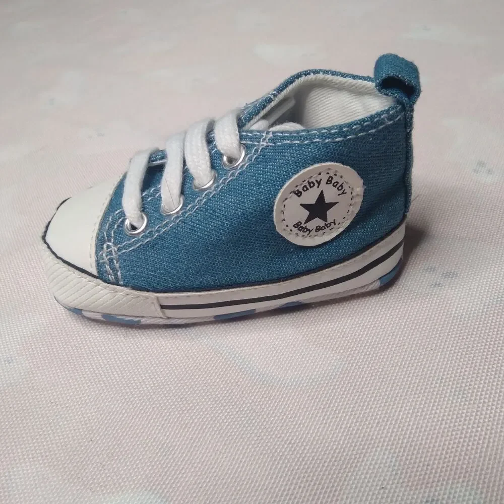 Baby Shoes Size 1 Crib Sneakers Tennis Laced High Top Infant Blue Star Polka Dot